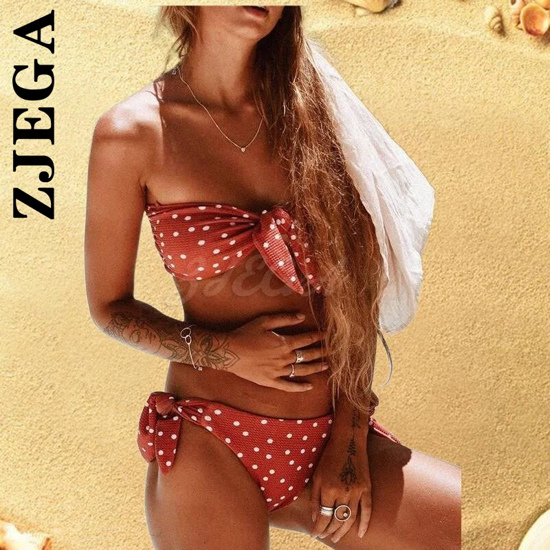 

Zjega Women Push Up Dot Printed Bikini Set Lace Up Female Summer Swimwear Swimsuit Beachwear Bandage Bandeau Popular Sexy