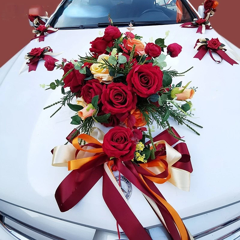 

Artificial flower silk rose orange hemisphere wedding car decoration set Chinese wedding supplies to assist the car team decorat