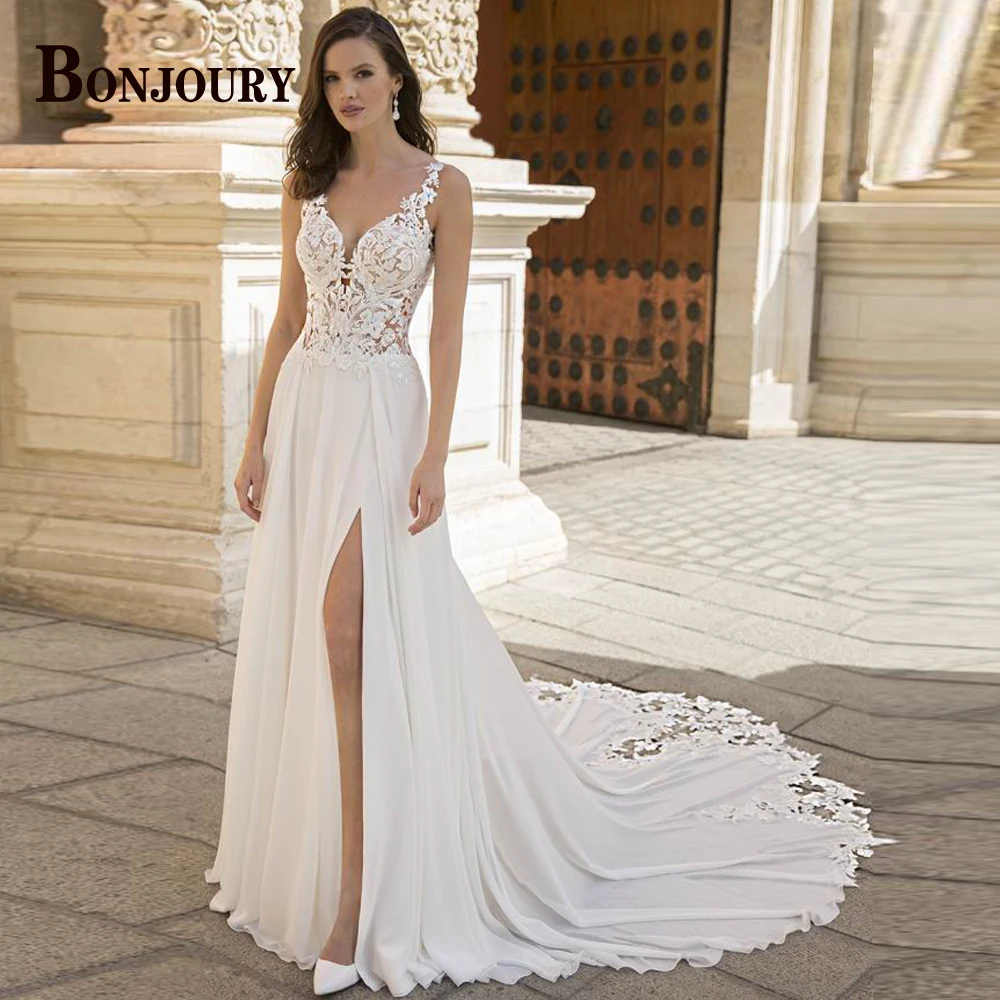 

BONJOURY 2023 Bohemian Wedding Dresses For Women Aline V-Neck TANK Slit Buttons Vestido De Noiva Made To Order Bride Formal