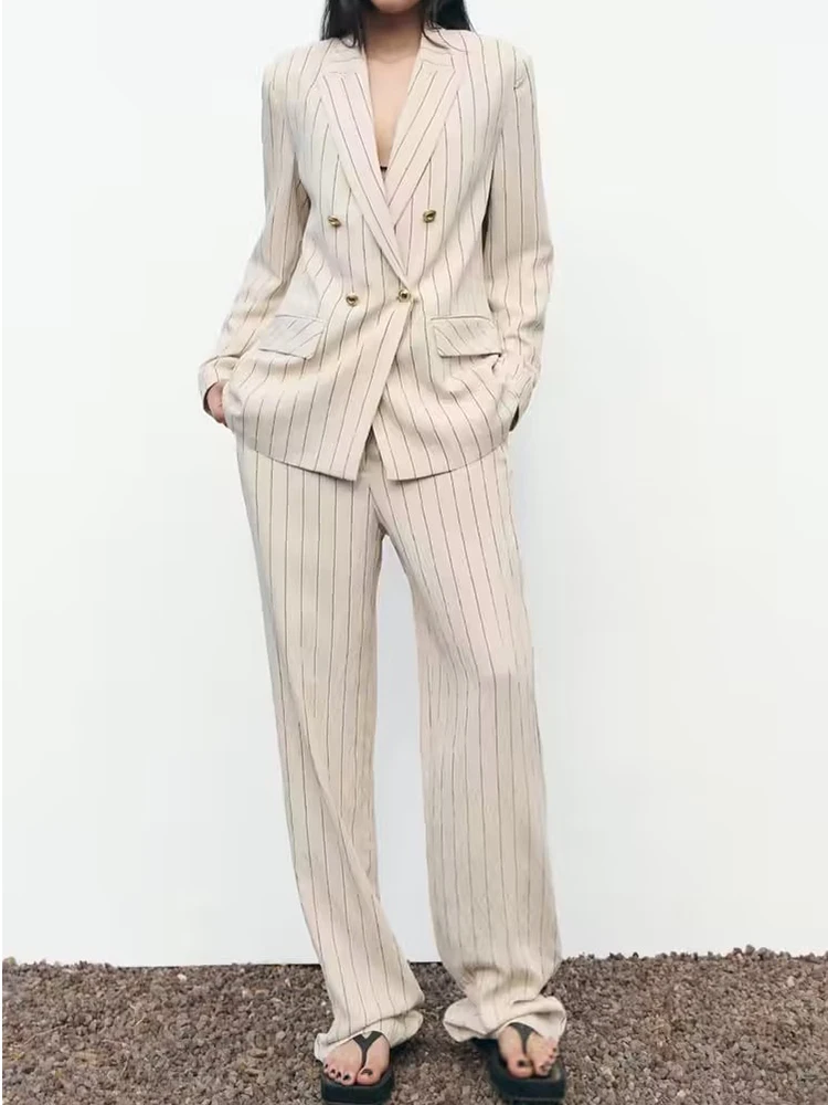 

2023 Women Summer Pant Suits 2 pieces sets Casual Striped Blazers Coats and Trousers Female Elegant OL Suit Clothing