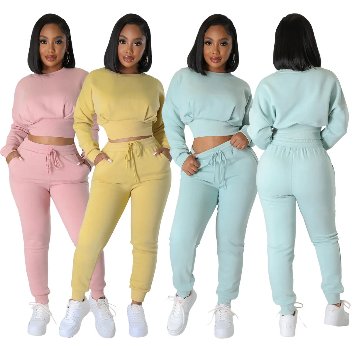 

Women's Two Piece Tracksuit Long Sleeve Crop Top Long Pants Outfits Jogger Sets with Pockets Free Ship