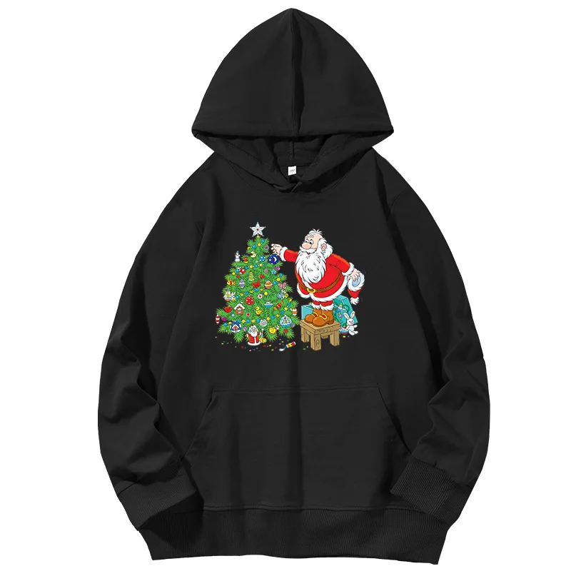 Santa Decorates a Christmas Tree Stock graphic Hooded sweatshirts christmas sweatshirt woman cotton Spring Autumn women clothing