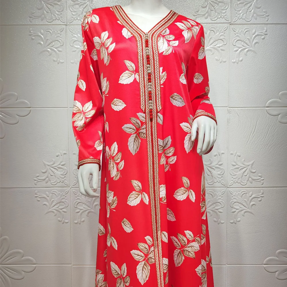 

2022 New Red Eid Abaya Femme Caftan Marocain Hijab Arabic Veil Clothes Ramadan Prayer Muslim Plus Size Casual Robe Women's Dress
