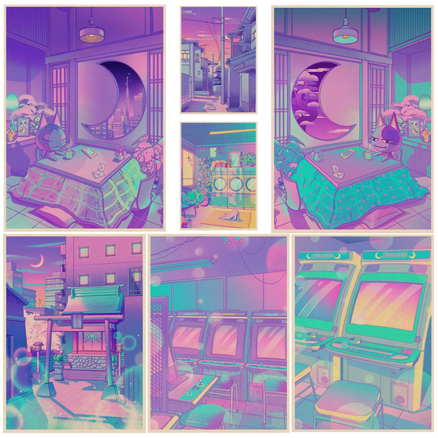 

Night City Pop Kyoto Poster Osaka Tower City Street Midnight Matsuri Pink Painting Wall Art Poster For Home Kawaii Room Decor