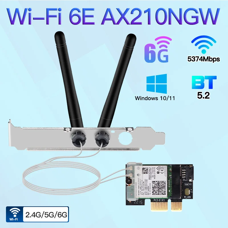 

Wi-Fi 6E Intel AX210 PCIE Card 5374Mbps Bluetooth 5.3 Desktop Kit Antenna 802.11ax 2.4G/5Ghz/6Ghz AX210NGW Wifi 6E AX200