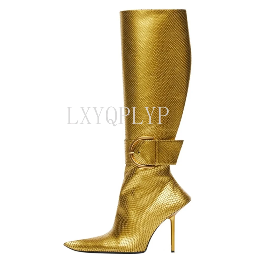 Retro Square Buckle Women's Boots 2022 Autumn New Knee-length Zipper Boots Stiletto Pointed Toe Banquet Shoes Size43 Boots