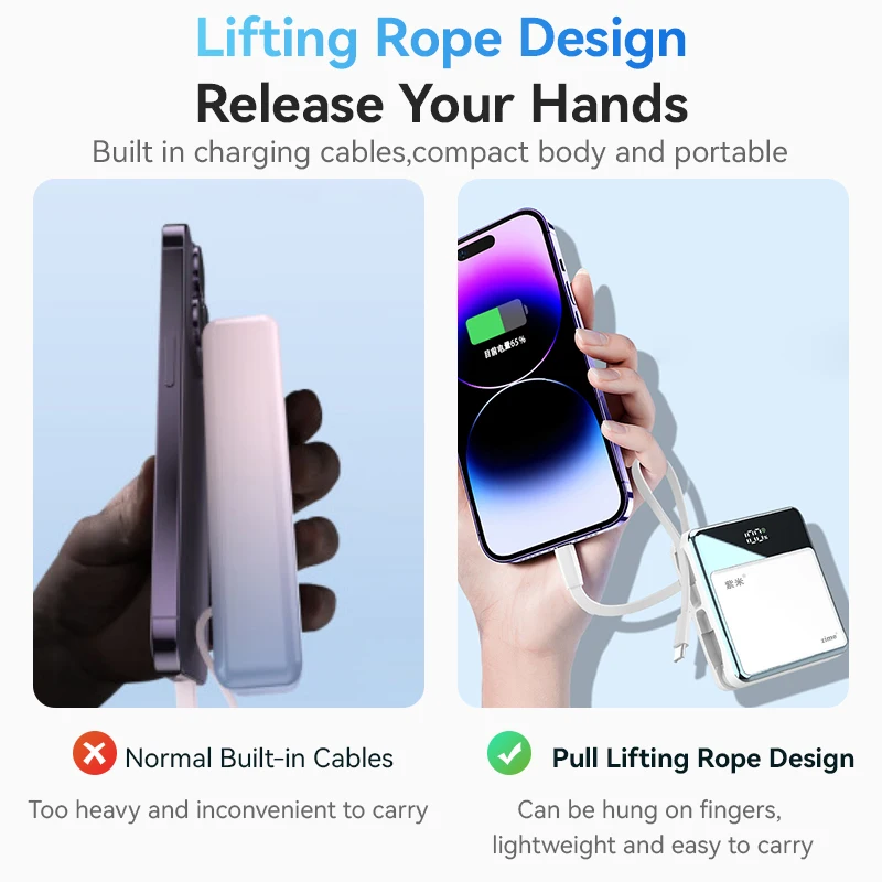 Zime Mini Power Bank 10000mAh Built-in Dual Fast Charging Cables 22.5W Powerbank Portable Battery Charger for iPhone 14 13 Pro