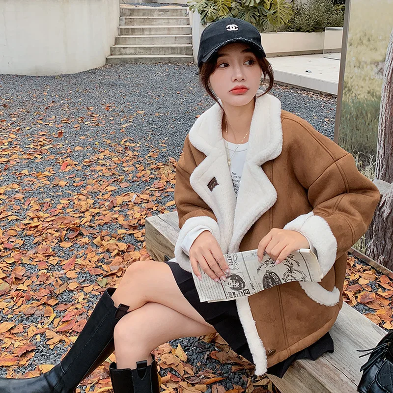 Lamb coat padded loose motorcycle clothes for women in winter