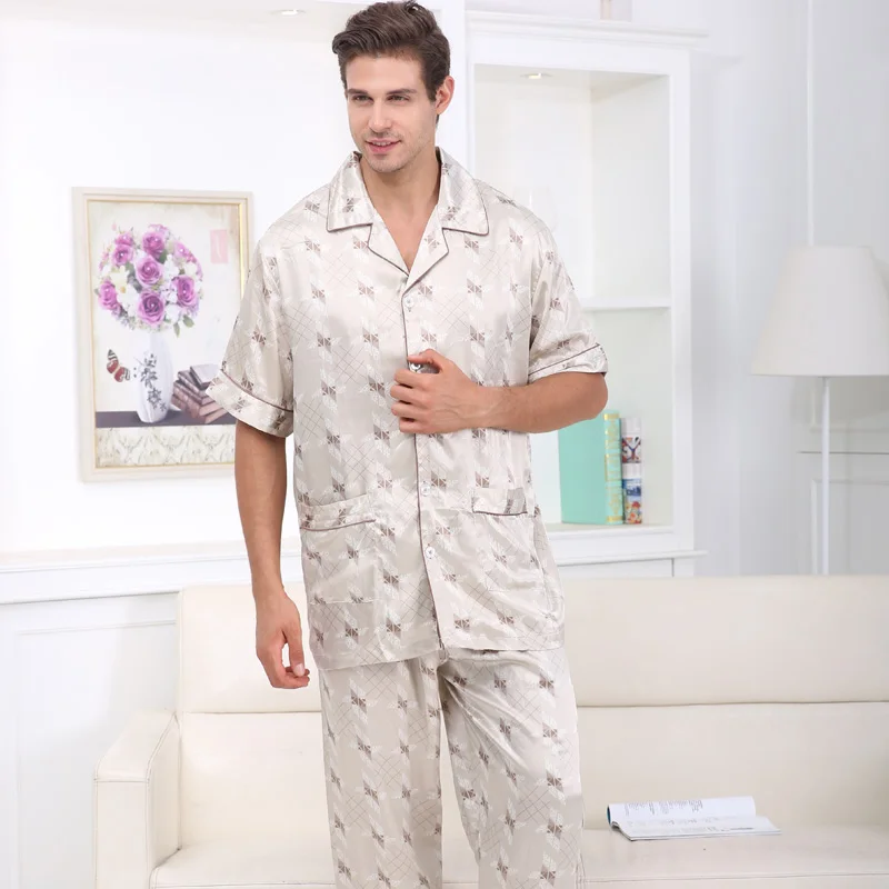 Mens Satin Pajamas Set Short Sleeve and Shorts Button Down PJ Set Classic Sleepwear Loungewear Dropshipping