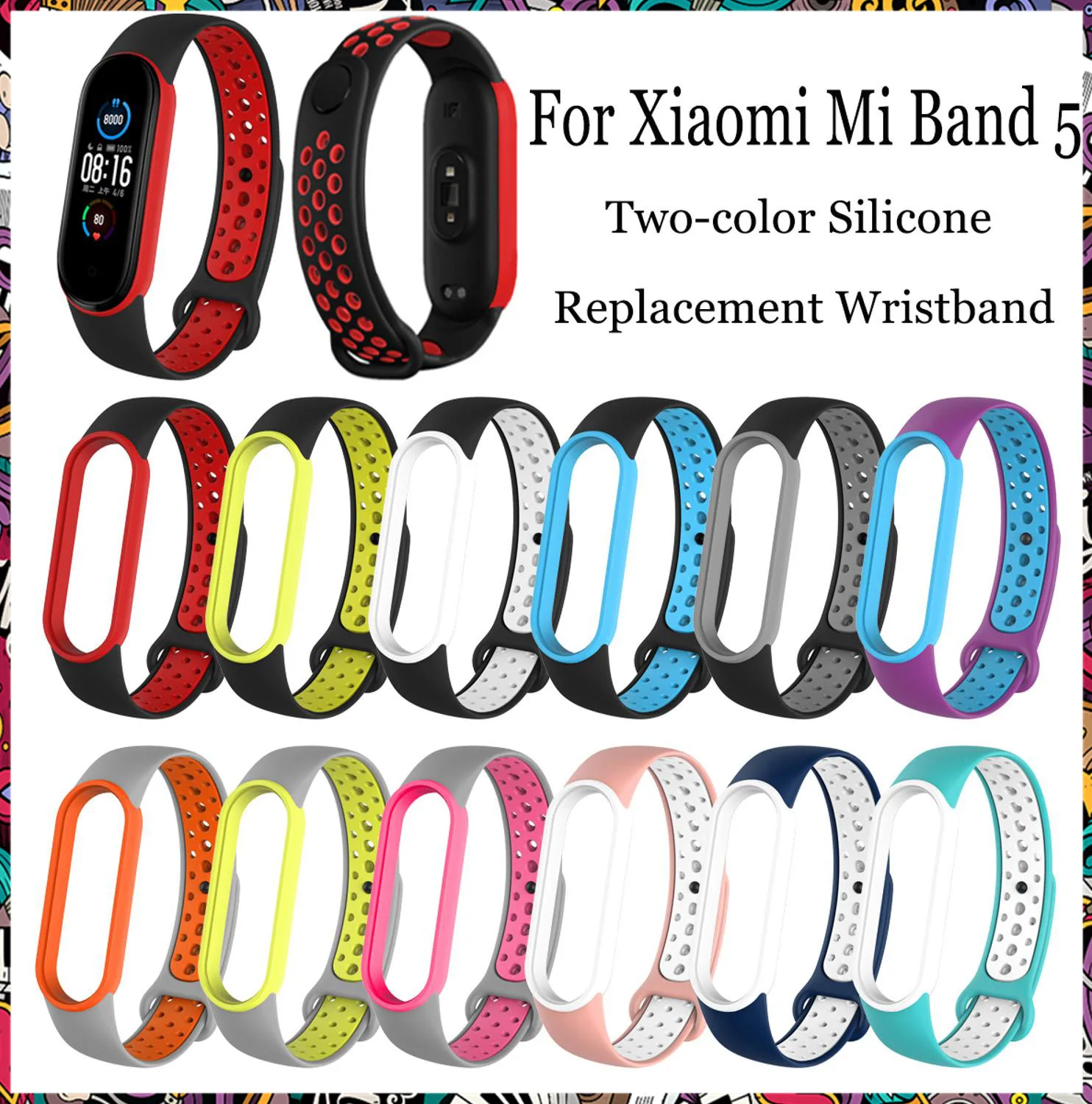 

Силиконовый ремешок для наручных часов Xiaomi Mi Band5, ремешок для наручных часов, двухцветный спортивный ремешок для смарт-часов, сменный ремешо...