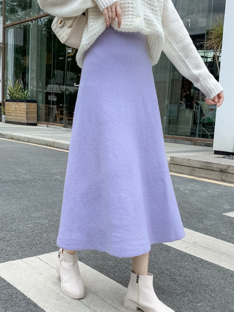 

Knit Women's Long Skirt Warm Solid High Waisted Large Skirt Hem Skirt Black Autumn/Winter New 2023 Elastic Waist Slim Skirts
