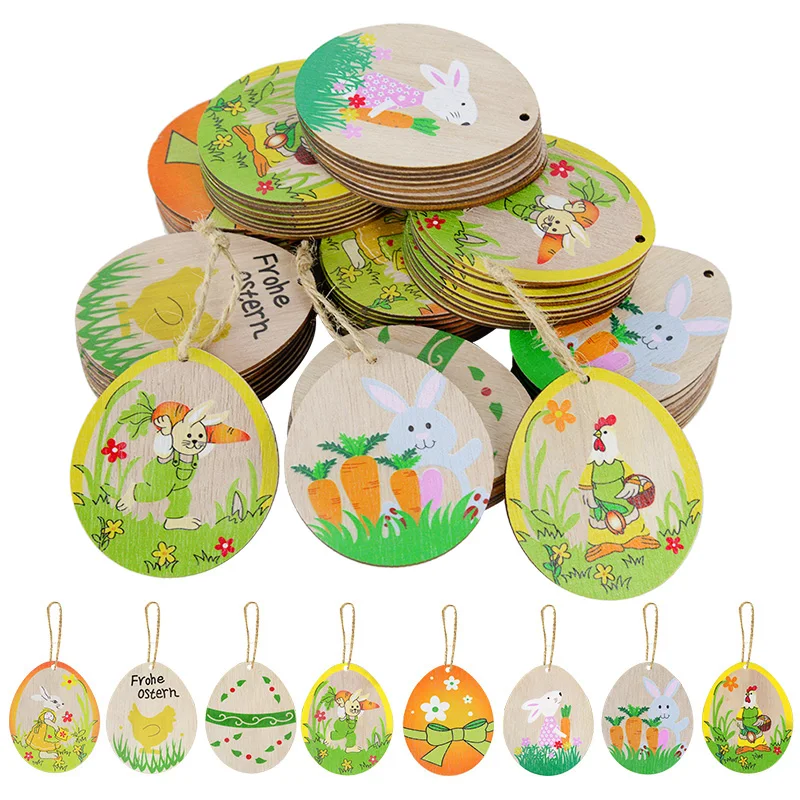 

10pcs Easter Eggs Wooden Ornaments DIY Painted Rabbit Chick Flowers Wood Slices Hanging Pendant For Home Easter Party Decor