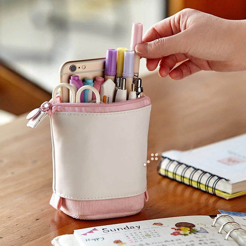 

Pencil Case Telescopic Holder Stationery Case PU Stand-up Transformer Bag Large Capacity Gift For Kids