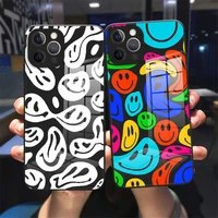 funny trippy smiley face glass phone case for iphone 11 12 13 pro max xr xsmax 8 7 plus 12 13 mini black liquid glass back cover