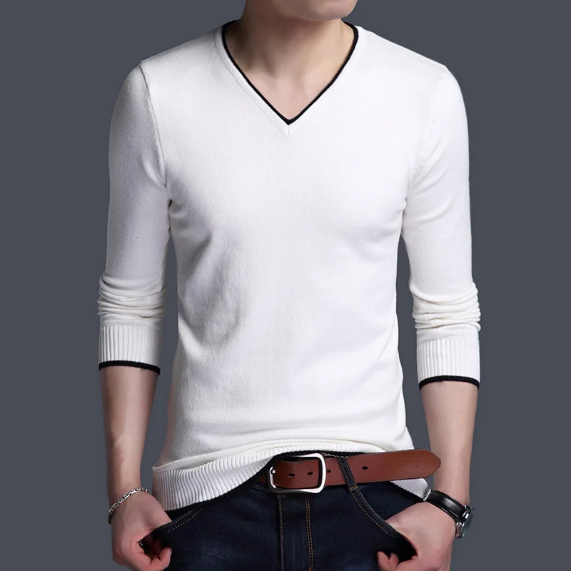 

Men Sweater Fashion V Neck Knitted Pullovers Slim Fit Spring Autumn Korean Mens Clothes Daily White Black Sweater Men Pullovers