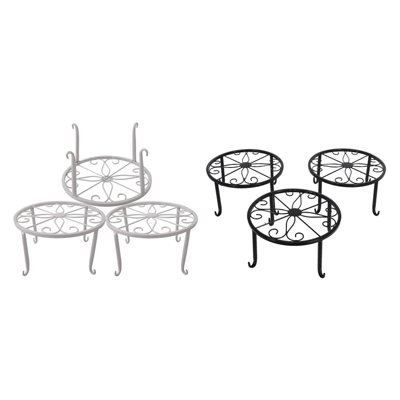 6 Pcs Metal Potted Plant Stand Floor Flower Pot Rack Decorative Pot Garden Container Round Supports Rack Black & White