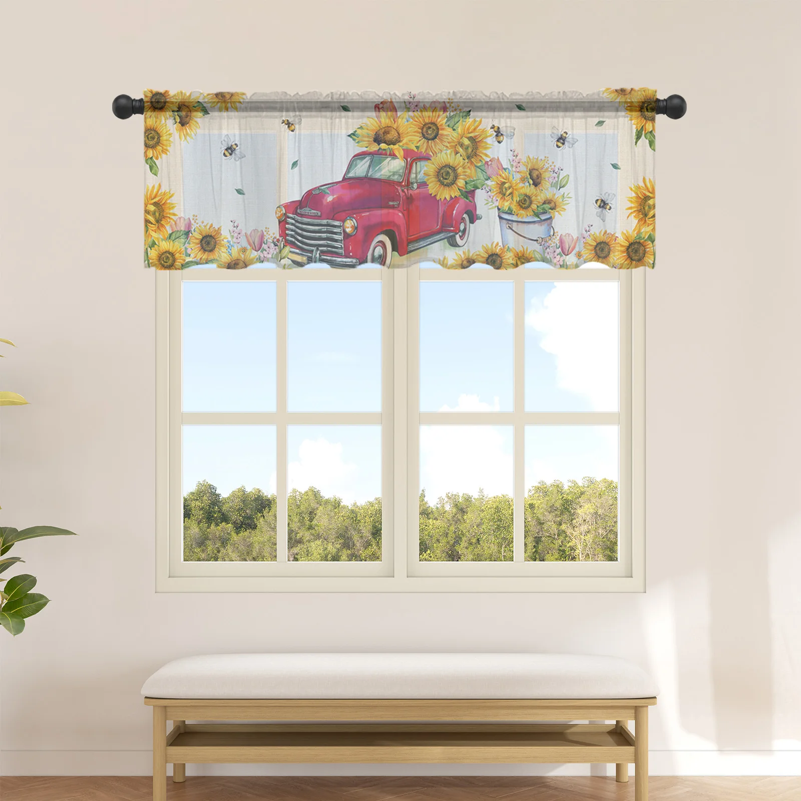 

Retro Country Style Sunflower Truck Short Tulle Curtain Kitchen Small Curtain Sheer Curtain Living Room Home Decor Voile Drapes
