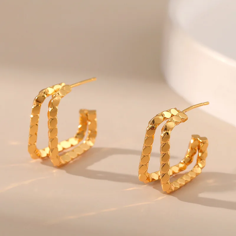 

Copper Plated 18K Gold Metal Texture Square Earrings Women Fashion Simple And Versatile Popular Jewelry Vintage Design