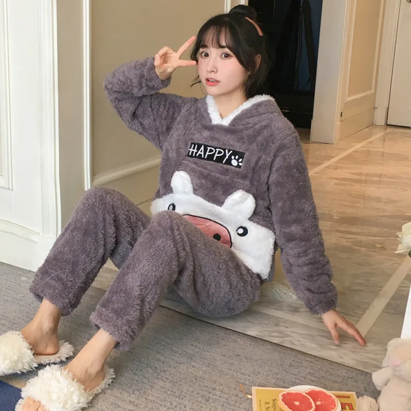 2022 Winter Warm Flannel Women Pajamas Set Autumn Pyjamas Sets Thick Coral Velvet Long Sleeve Cartoon Sleepwear Home Wear