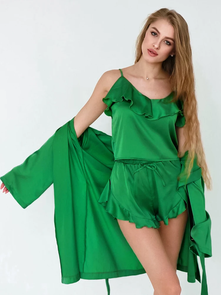 

Hiloc Spaghetti Strap Suits With Shorts Ruffle Loose Pajamas For Women 3 Piece Sets Sashes Long Sleeve Nightwear Female Casual