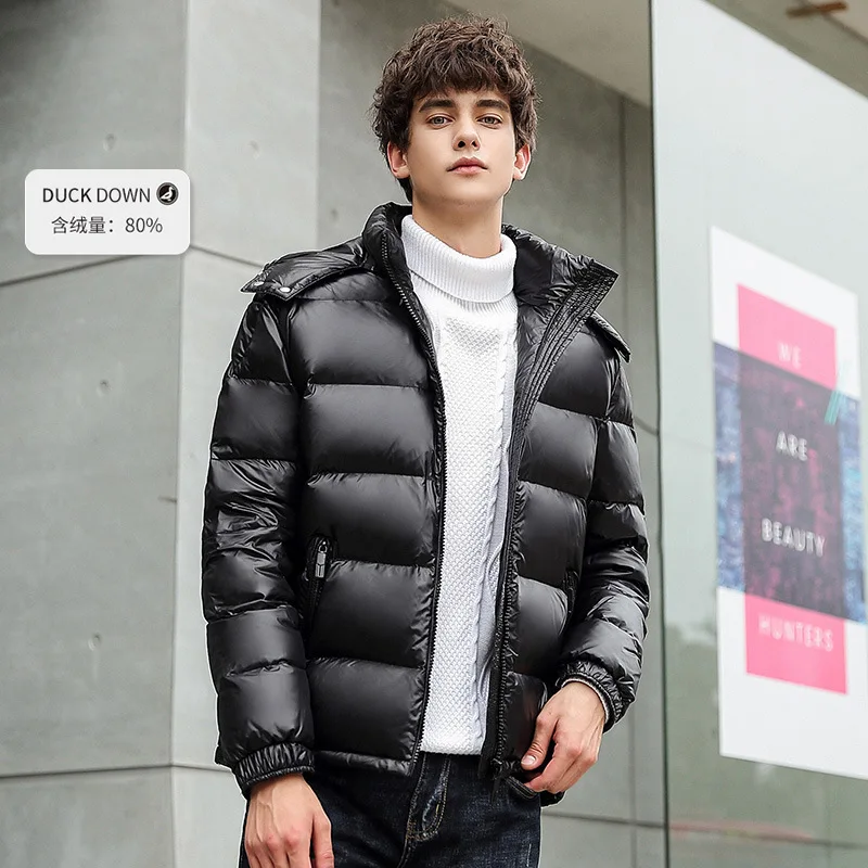 Men's Down Jacket Short Thickened White Duck Down Warm Bright Hooded Winter Down Jacket Youth With Hood Jacket Thick Men's Parka