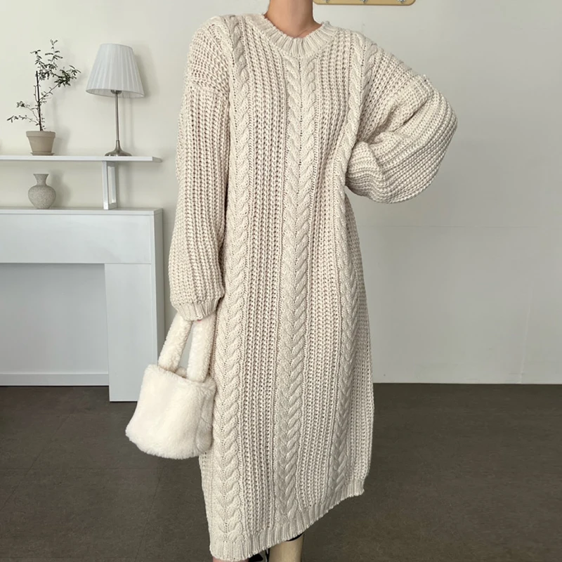 

Korean Fashion Loose Casual Mid-calf Knitted Dress Woman Solid Color O Neck Long Sleeve Midi Dresses Women Clothing Dropshipping