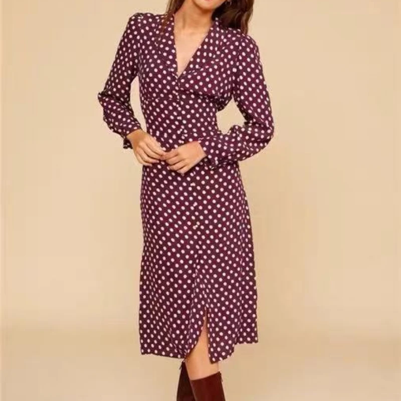 rayon retro polka dot print long-sleeved midi dress female 2022 new temperament commuter V-neck single-breasted robe