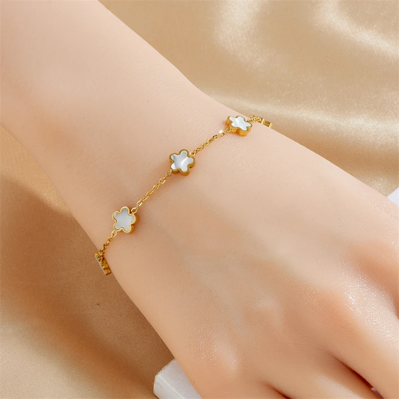 Женский браслет из нержавеющей стали MEYRROYU белой морской ракушки с пятью листьями