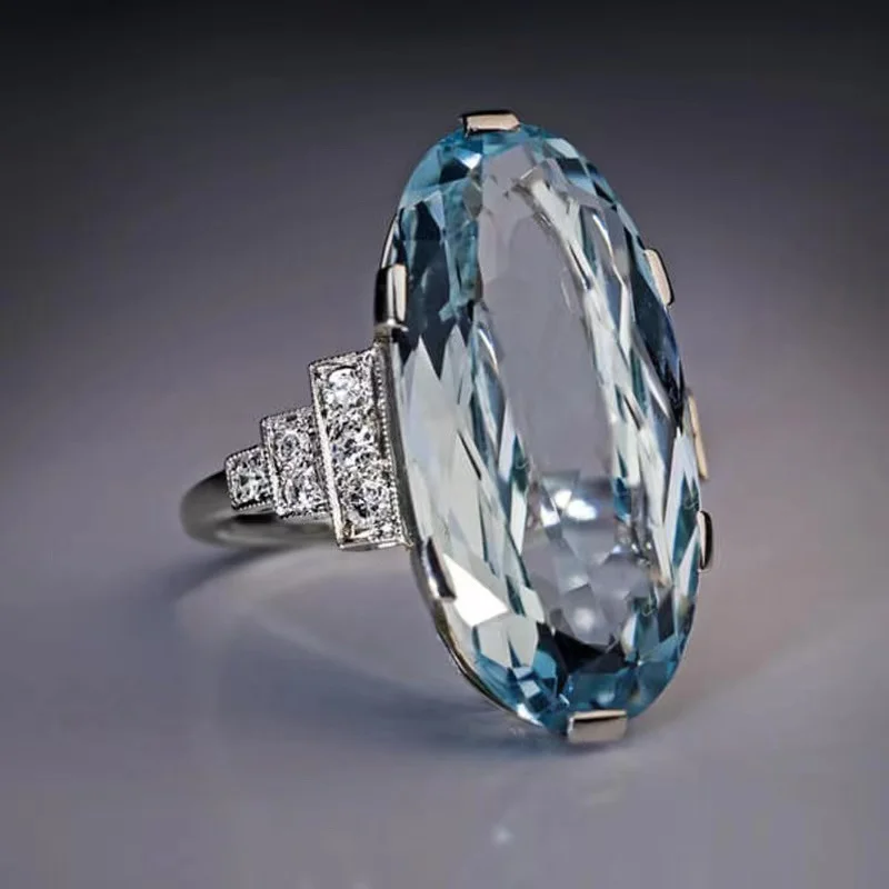 

Classic Natural Blue Crystal Oval Ring for Women Simple Large Topaz Rings Women's Wedding Engagement Rings Charm Jewelry