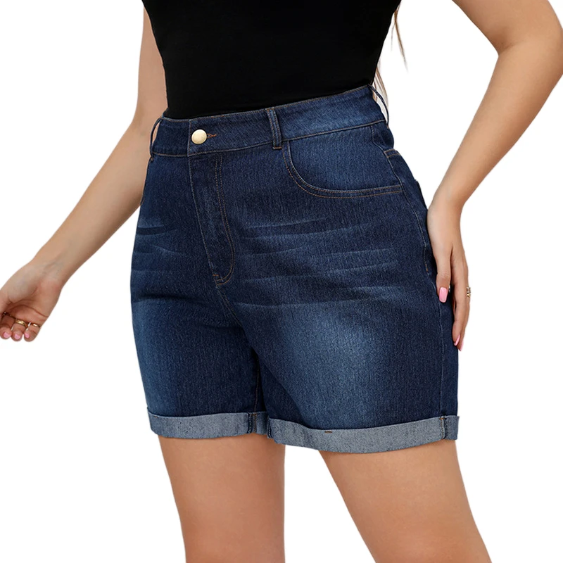 2022 Summer Plus Size 5XL High Waist Denim Shorts Women Casual Solid Wide Leg Loose Jeans Short Pants Bottom Pocket Blue Trouser