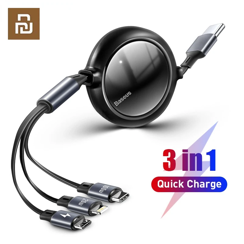 

Youpin Baseus 100W 3 In 1 USB C Charge Cable for iPhone 12 120cm Micro USB Type C Cable Retractable Portable Charging Cable