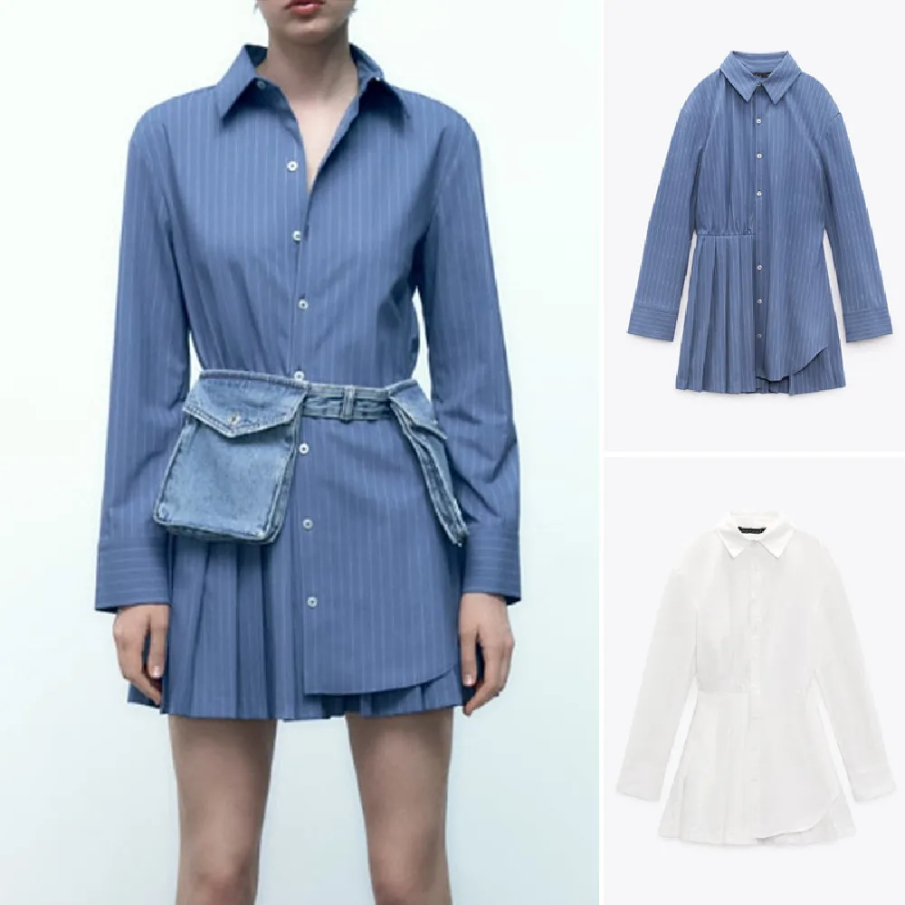 

COS LRIS European and American 23 summer new shirt-style short dress lapel long-sleeved wide pleated decoration 2180314