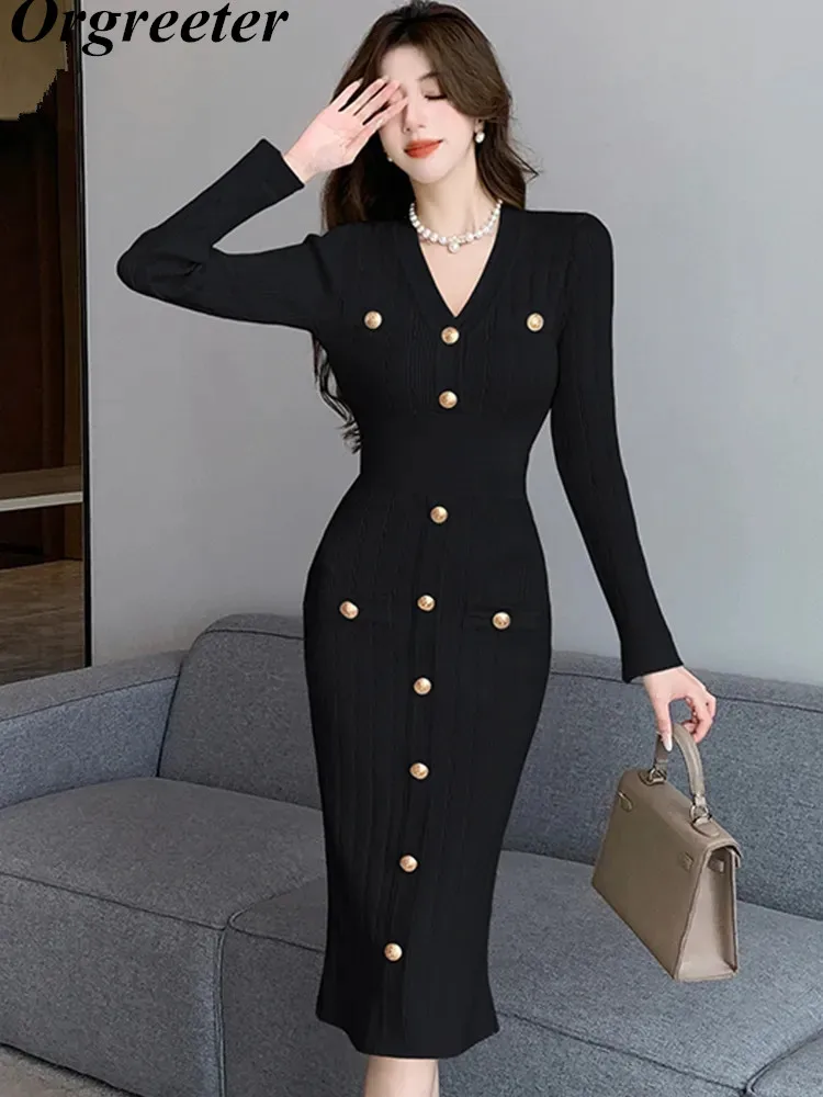 

Женское трикотажное облегающее платье-свитер, однобортное трикотажное облегающее платье с V-образным вырезом, в винтажном французском стиле, осень