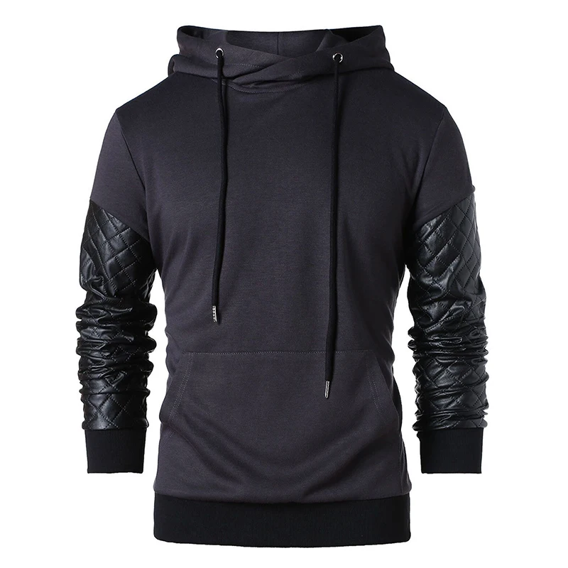 

2022 Spring New Fashion Pocket Long Sleeve Arm Leather Design Men's Hoodies Black Solid Color Handsome Pullover Coat Clothes Man