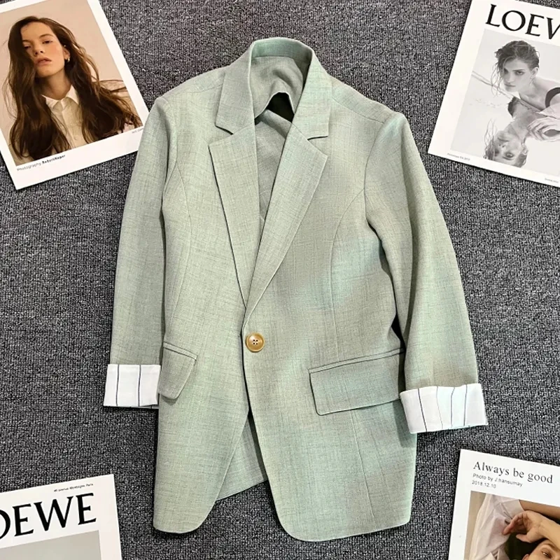 

Pink Cuffs Striped Suit Jacket Women's 2023 Summer Thin New Casual One Button Female Blazers