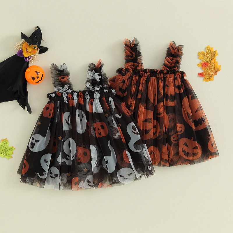 

Toddler Baby's Clothes Girl Tulle Dress Sleeveless Square Neck Pumpkin Print Tutu Dress Halloween Clothes Children's Clothing