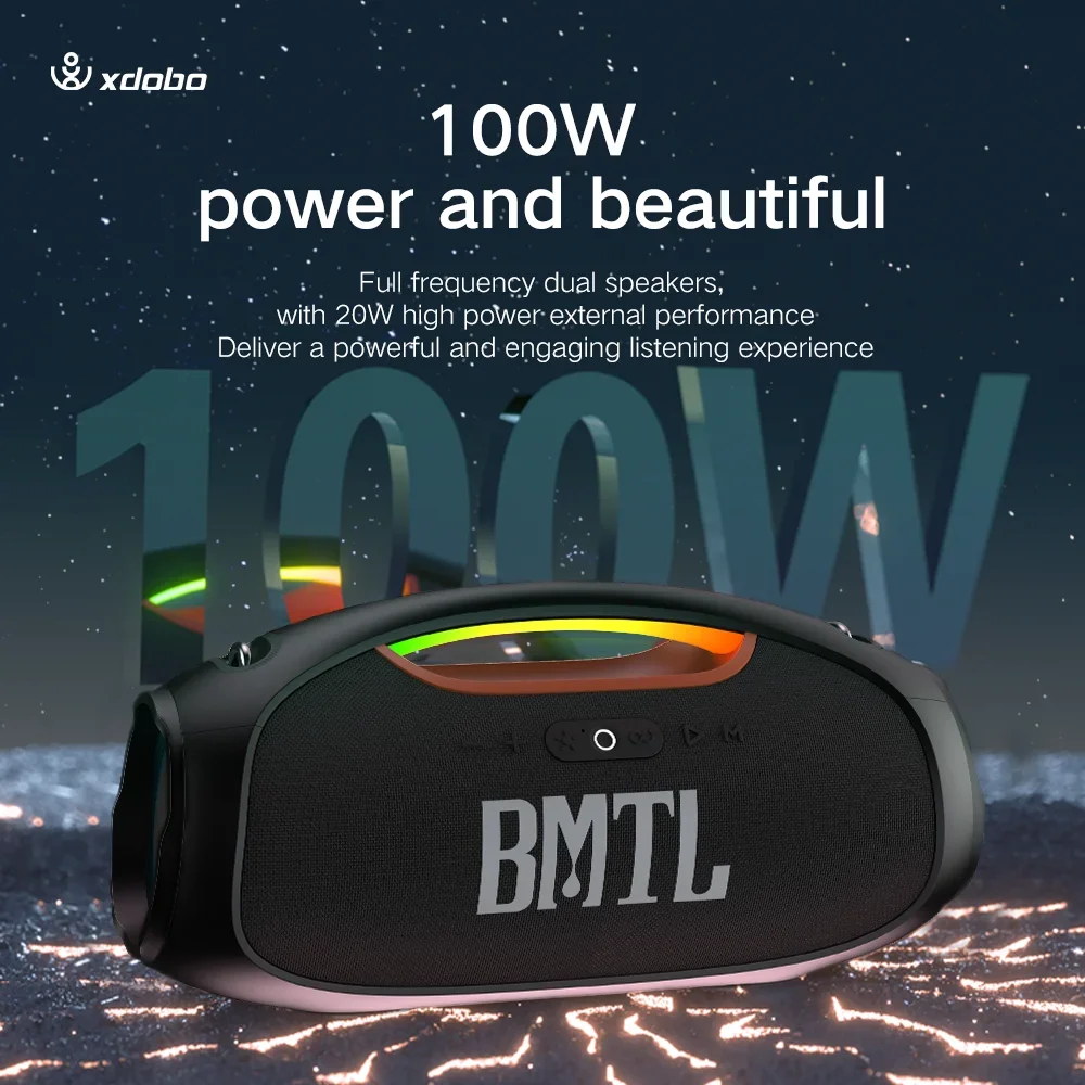 Фото Портативная беспроводная колонка Xdobo BMTL 100W с мощным звуком, водонепроницаемая (IPX6), глубокими басами, Bluetooth, высококачественным RGB-освещением для вечеринок №3