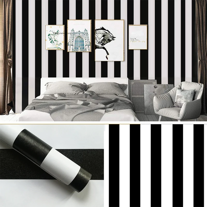 

Modern Black White Stripes Self-Adhesive Wallpaper for Living Room Bedroom Furniture Cabinets DIY Sticker 10m*45cm Contact Paper