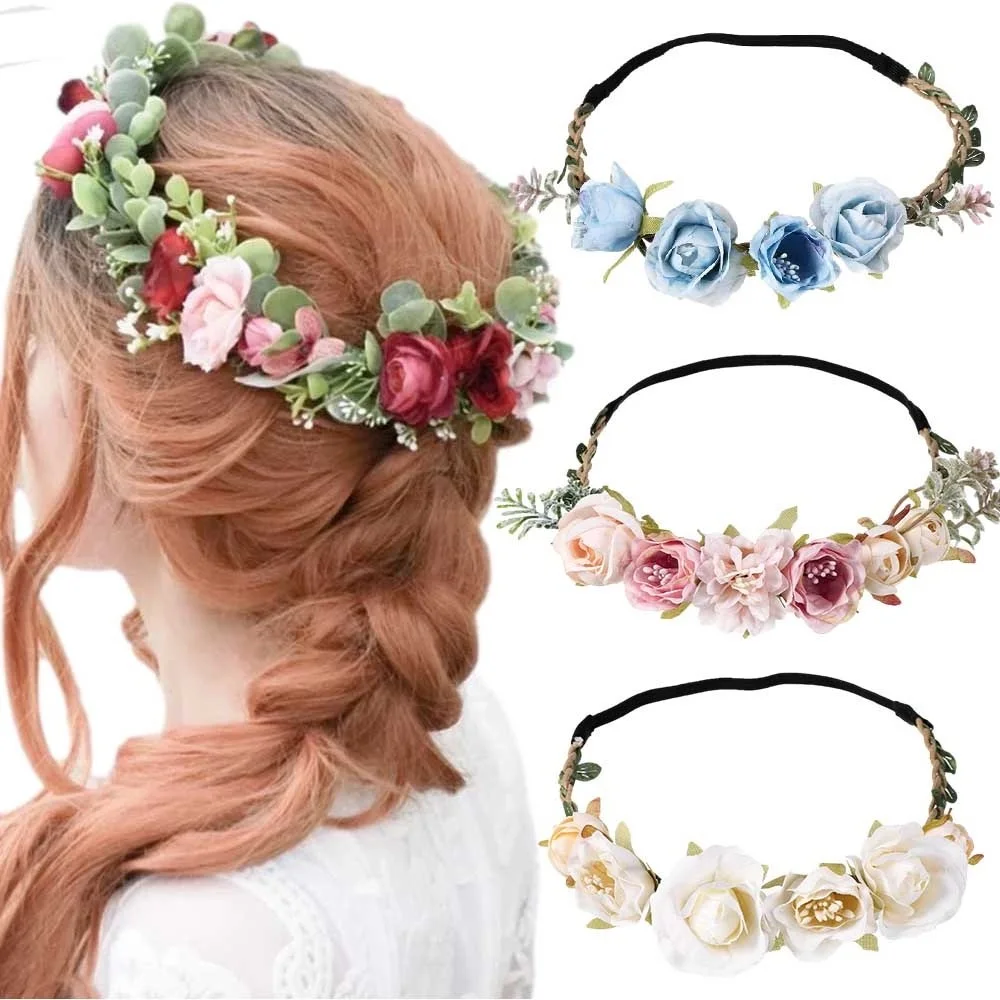 Bohemian Flower Hair Crowns Beach Floral Garland Women Romantic Faux Rose Wedding Hair Wreaths Headband Hair Bands Accessories