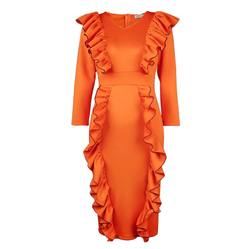Plus Size Large Women's Dress V-neck Three-quarter Sleeve High Waist Large Size Slim Fit  Auricle Edge Casual Business Dress