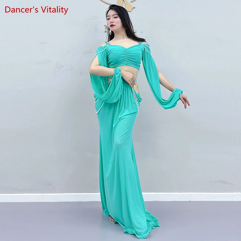 

Belly Dance Clothing for Women Mesh Pearls Sleeves Top+long Skirt 2pcs Girl's Oriental Costumes Set Female Practice Wear Outfit