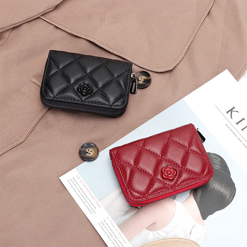 Soft Sheepskin Small Card Bag Ladies Embroidered Diamond Card Sleeve Document Bag New Leather Camellia Zipper Coin Purse