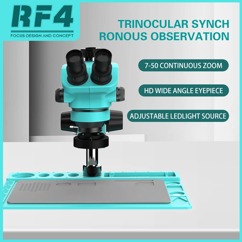 Фото Уникальный электронический тринокулярный микроскоп 7-50X RF4 RF7050TVD2 для пайки печатных плат телефона, сварочный инструмент с технической панелью №5