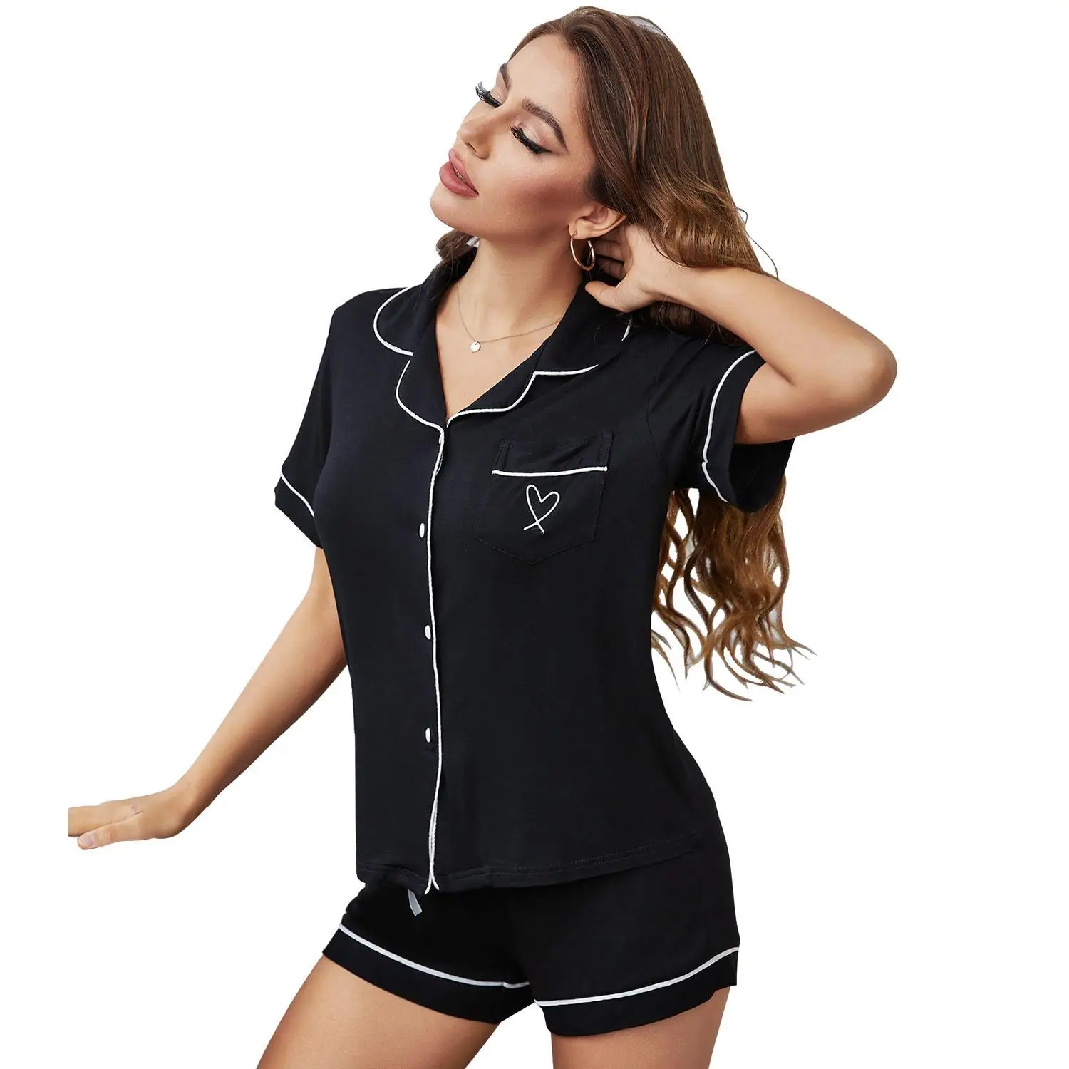 Short Sleeve Rayon Cotton Pajamas Set For Women Black Print Summer Sleepwear Night Wear Button Closure Loungewear Set