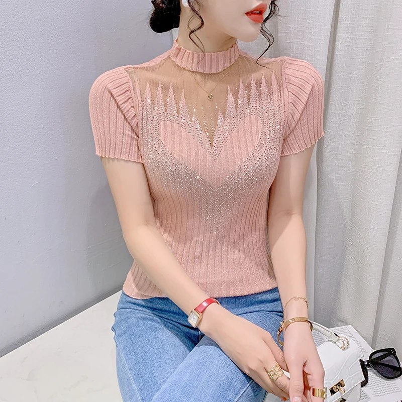 

2023 Summer Crop Top T Shirt Women Knitted Clothing Sexy Perspective Mesh Short Sleeve Cropped Shirt Drill Bright Silk Knitwears