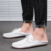 summer new fashion pu leather casual mules for men male slip on breathable comfy half loafer slippers handsewn leisure sandals