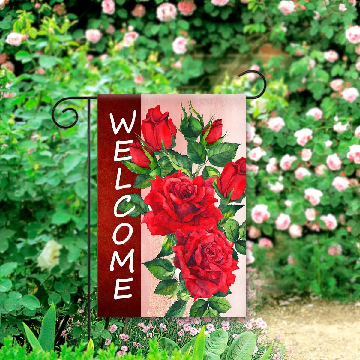 

Welcome Valentine's Day Banner Double Sided Red Rose Garden Flag Banner for Outside House Yard Home Decorative