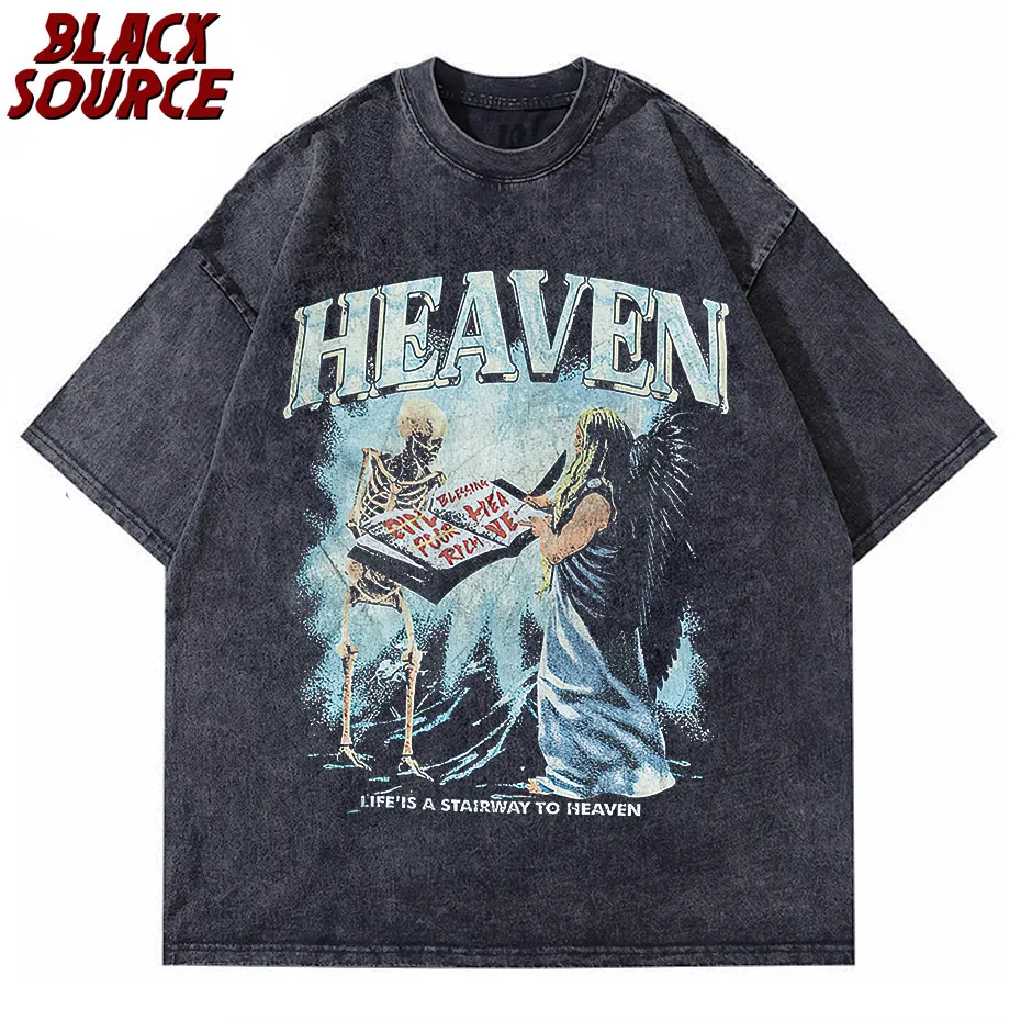 

Vintage T Shirt Streetwear Hip Hop Skull Skeleton Angel Graphic Print Punk Gothic Washed Tshirt Harajuku Fashion Casual Tee Tops