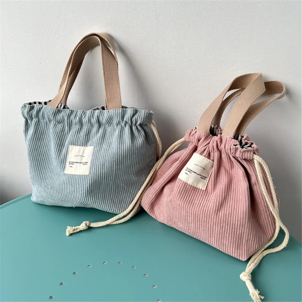 

Thermal Lunch Dinner Bag Corduroy Handbag Drawstring Picnic Cooler Bag Travel Breakfast Box School Children Tote Food StorageBag