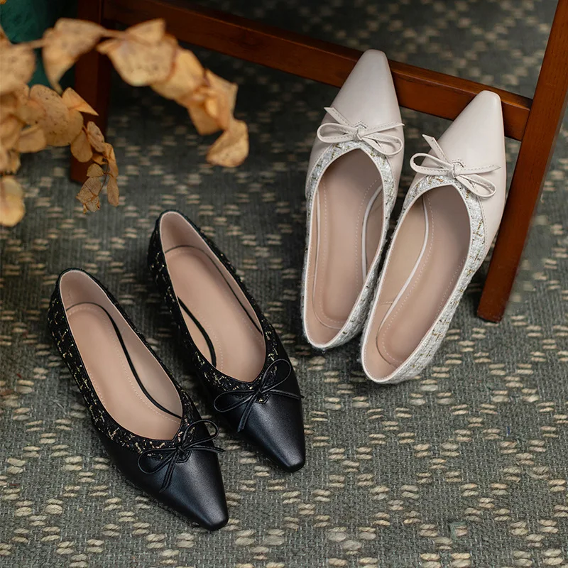 

Bow-Knot Plaid Cloth Flats Woman Pointed Toe Low Heels Loafers Slip on Ballerina Patchwork Lattices Sneakers Women Shoes 2021